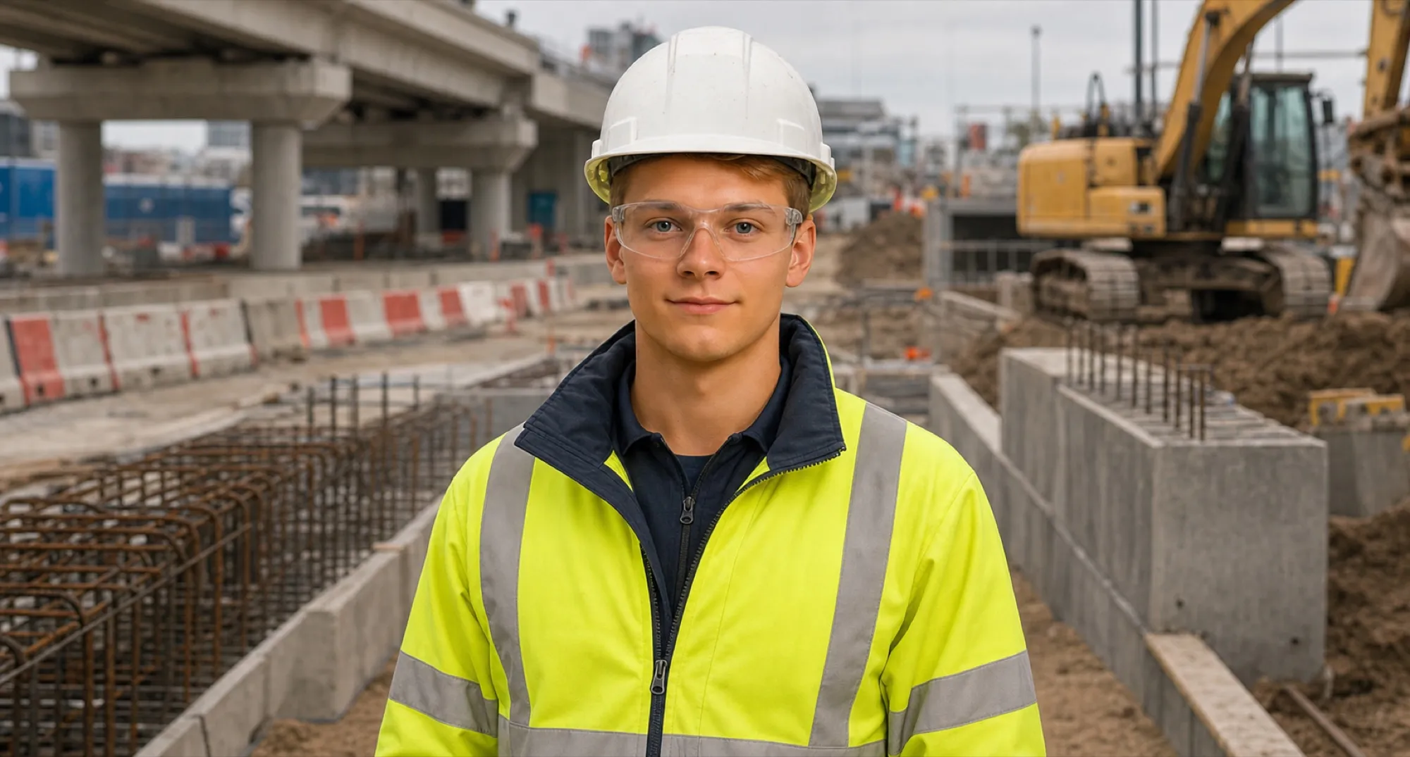 Jonge medewerker met helm en veiligheidsvest op een bouwplaats