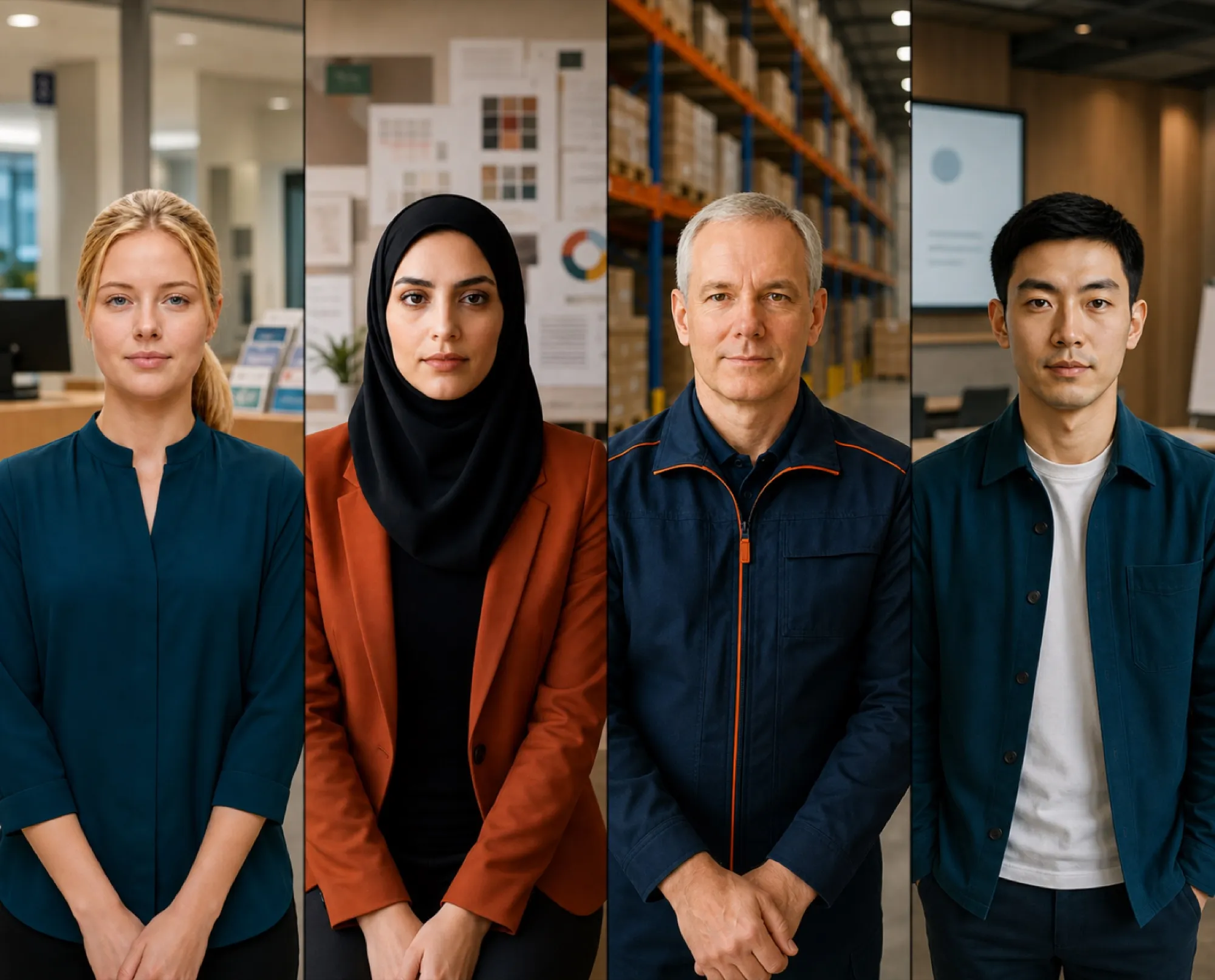 Vier verschillende trainingsacteurs naast elkaar, elk op een eigen werkplek